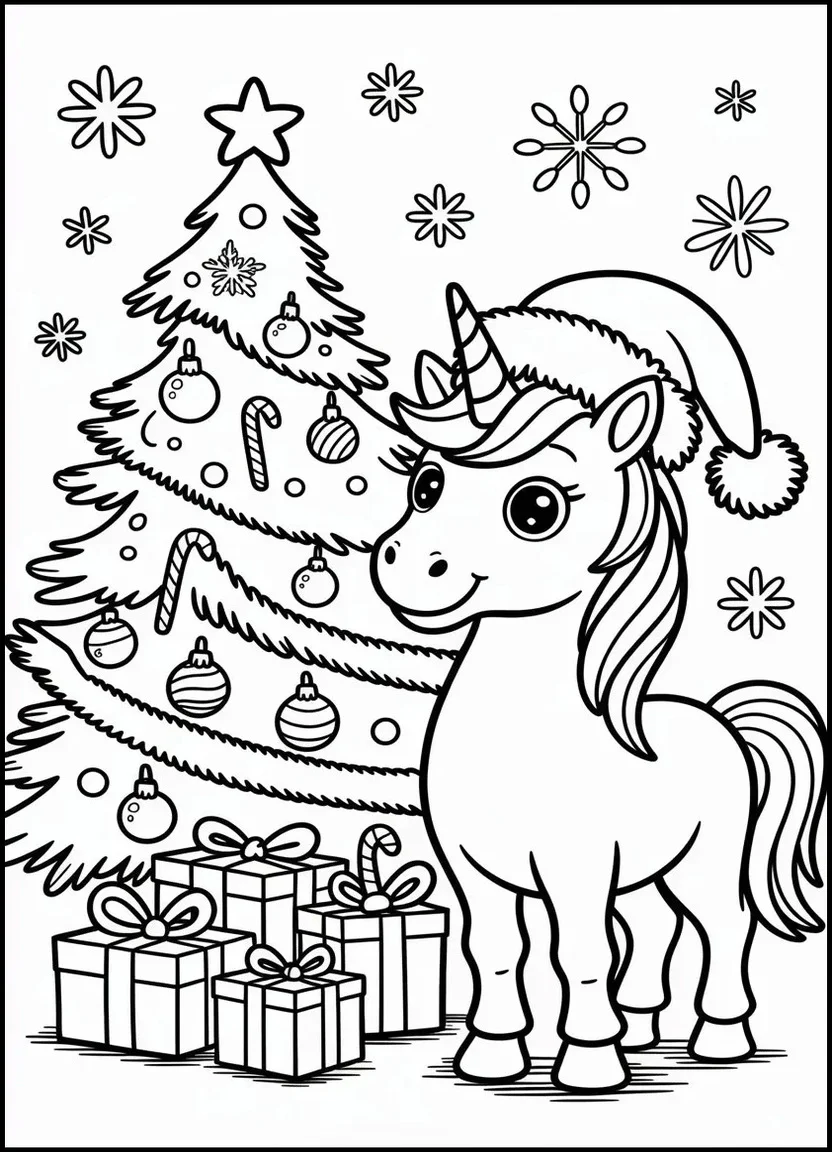 Christmas unicorn with tree coloring page