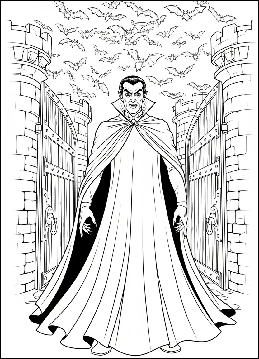 Classic Dracula coloring page with cape and bats