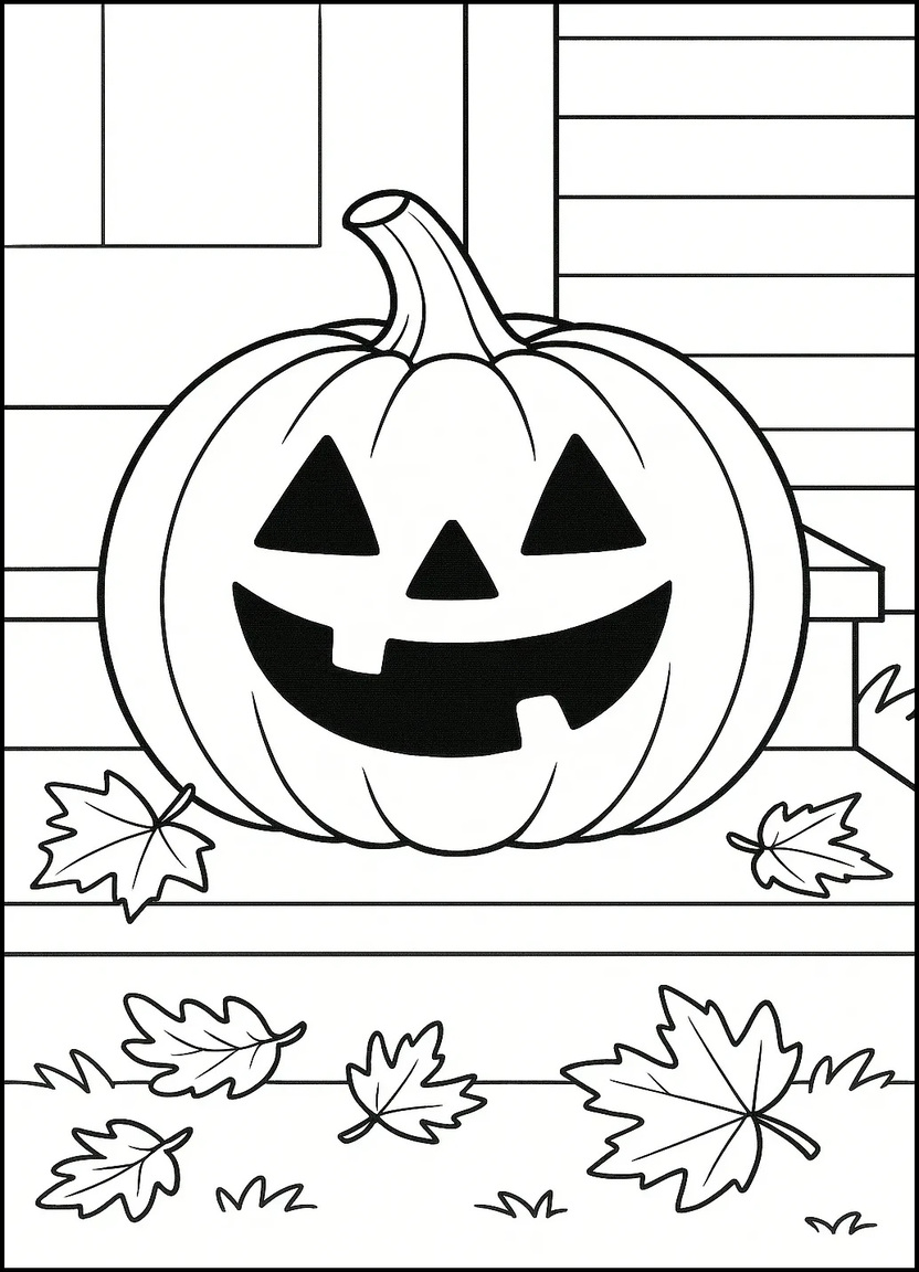 Classic smiling Jack-O’-Lantern coloring page with autumn leaves