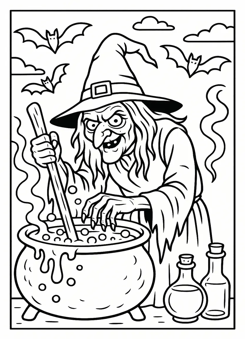 Classic witch stirring a cauldron coloring page.