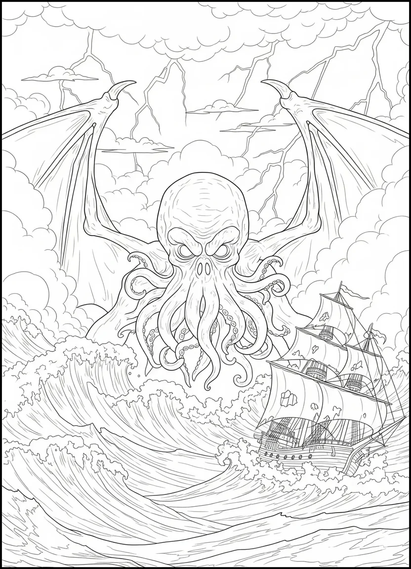 Coloring page of Cthulhu rising from the sea with wings and tentacles