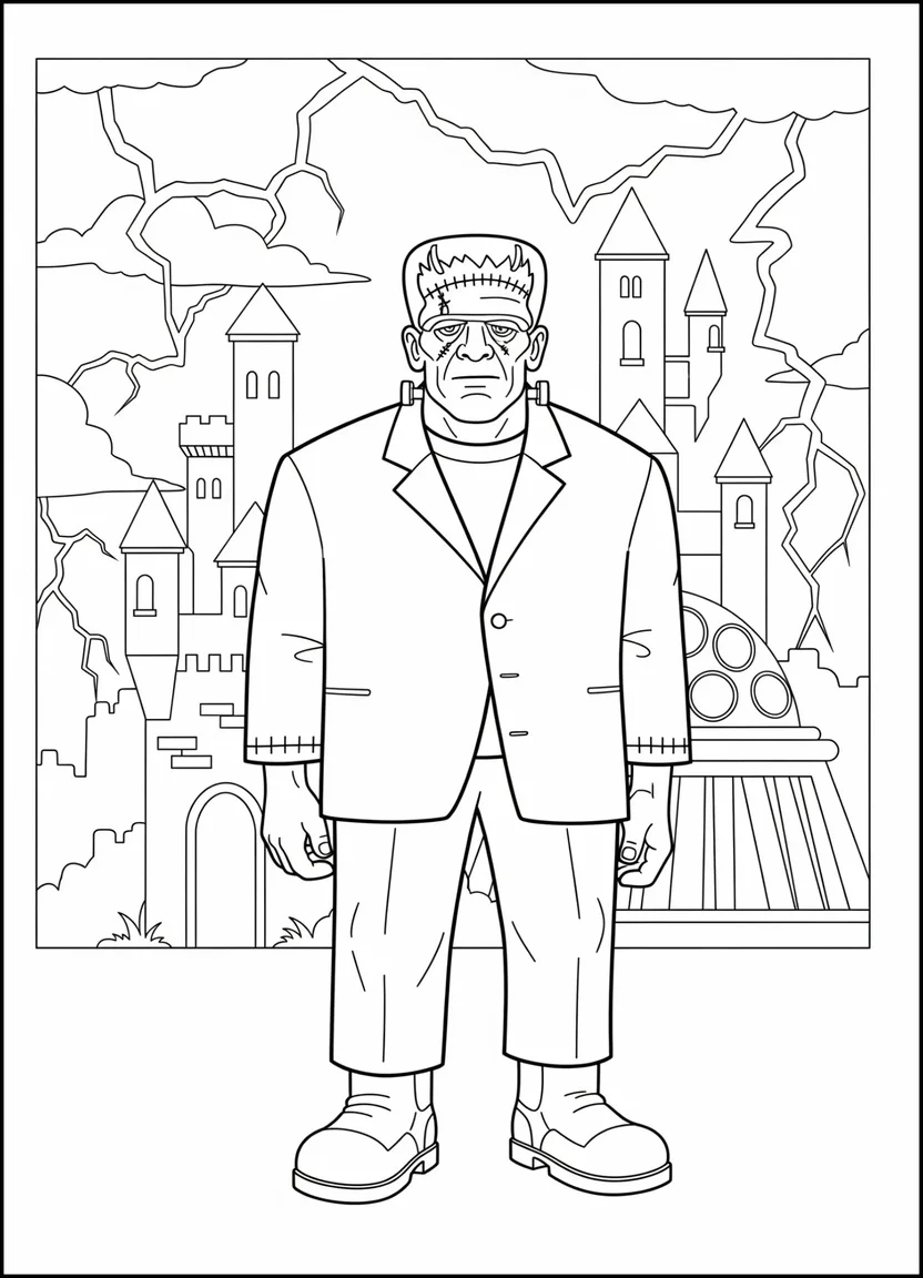 Coloring page of Frankenstein’s monster with stitches and bolts in front of a spooky lab