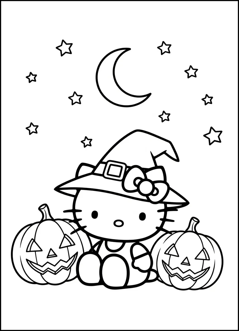 Coloring page of Hello Kitty wearing a witch hat with pumpkins