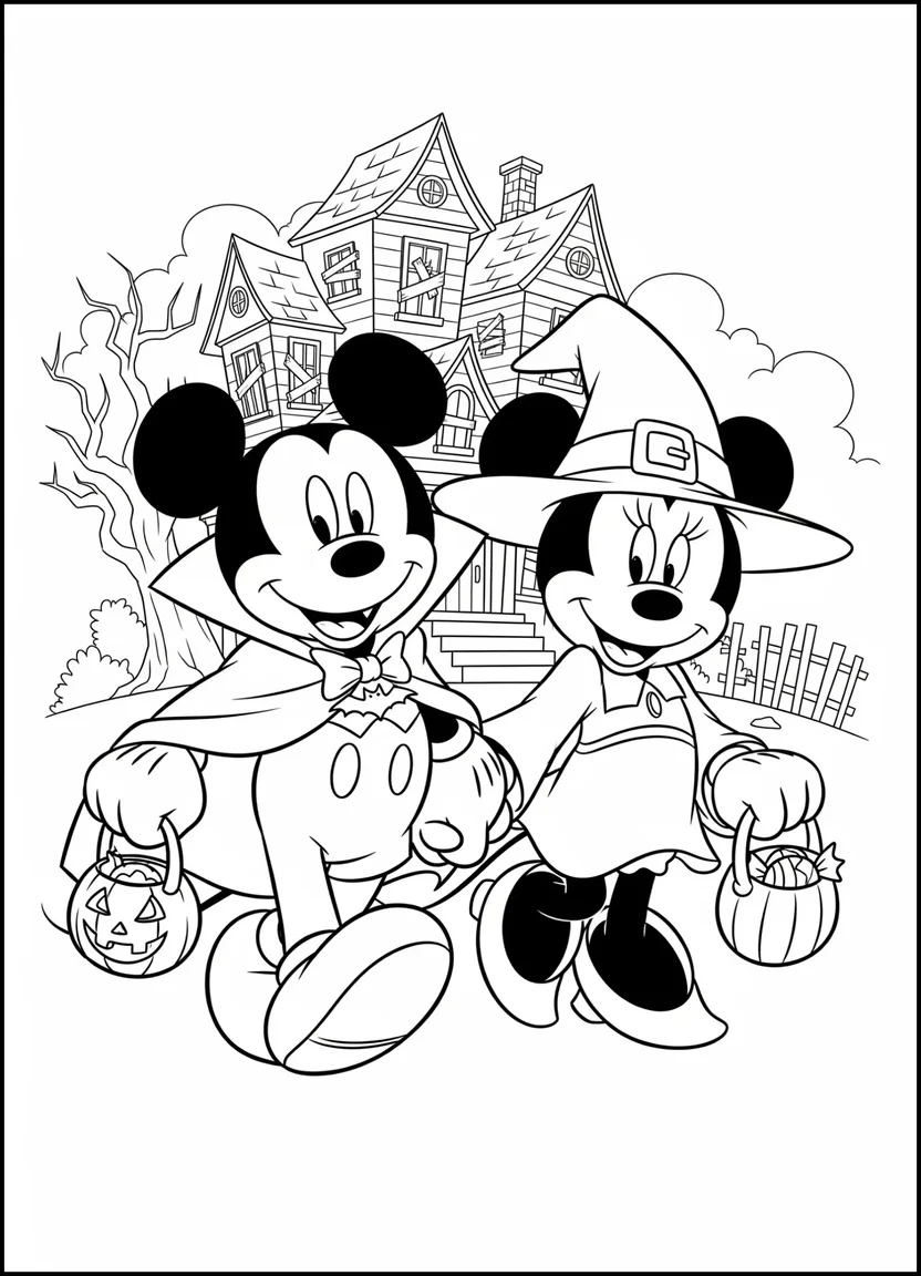 Coloring page of Mickey as a vampire and Minnie as a witch trick-or-treating