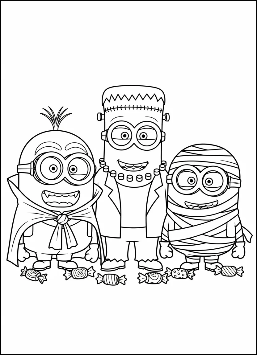 Coloring page of Minions dressed as Dracula, Frankenstein, and a mummy