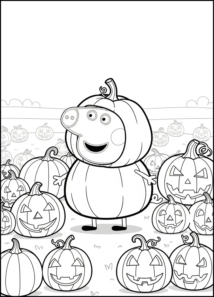 Coloring page of Peppa Pig in a pumpkin costume in a pumpkin patch