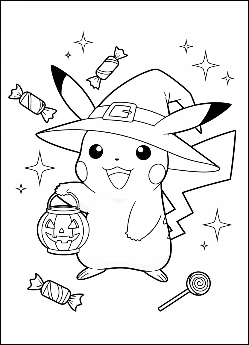 Coloring page of Pikachu in a witch hat holding a pumpkin lantern