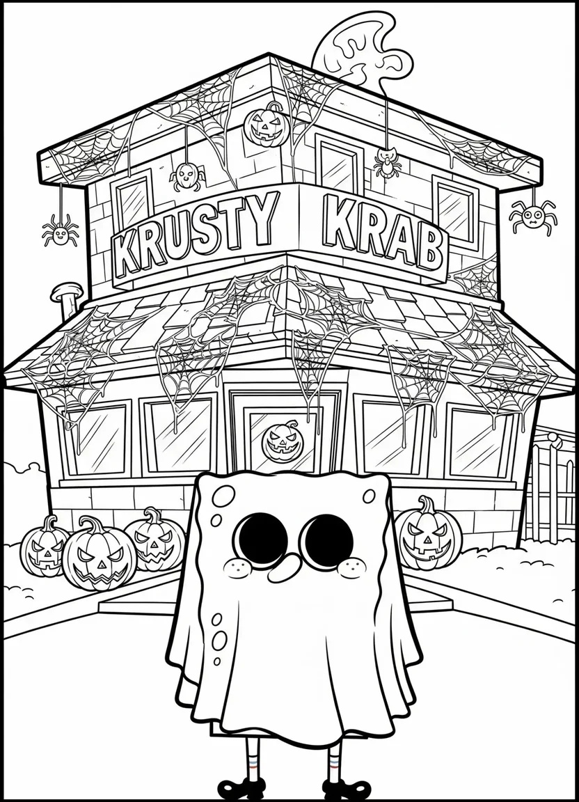 Coloring page of SpongeBob dressed as a ghost for Halloween
