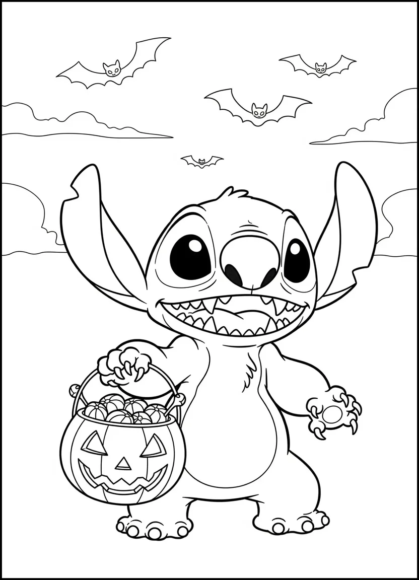 Coloring page of Stitch dressed as a vampire with a pumpkin candy bucket