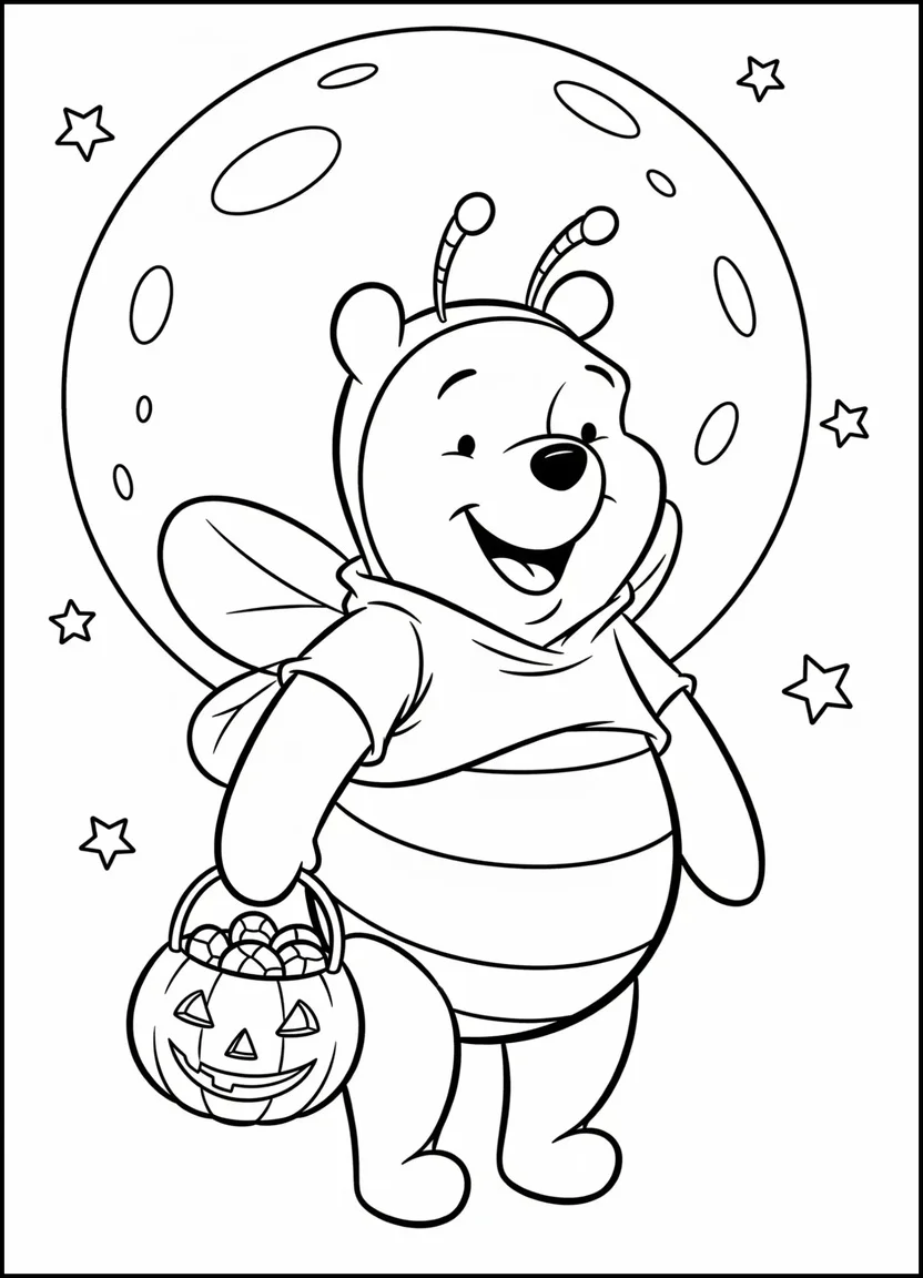 Coloring page of Winnie the Pooh dressed as a honeybee with a candy bucket
