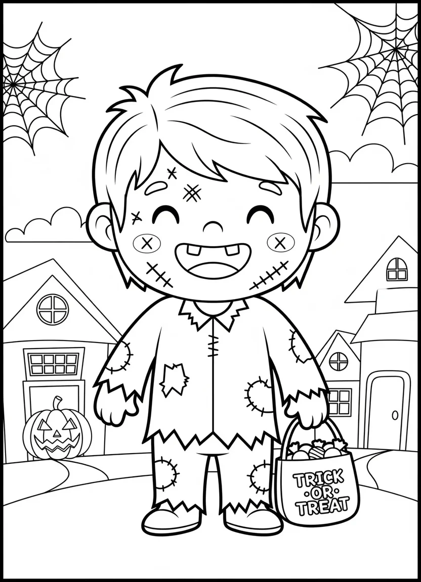 Coloring page of a child dressed as a zombie trick-or-treating on Halloween night