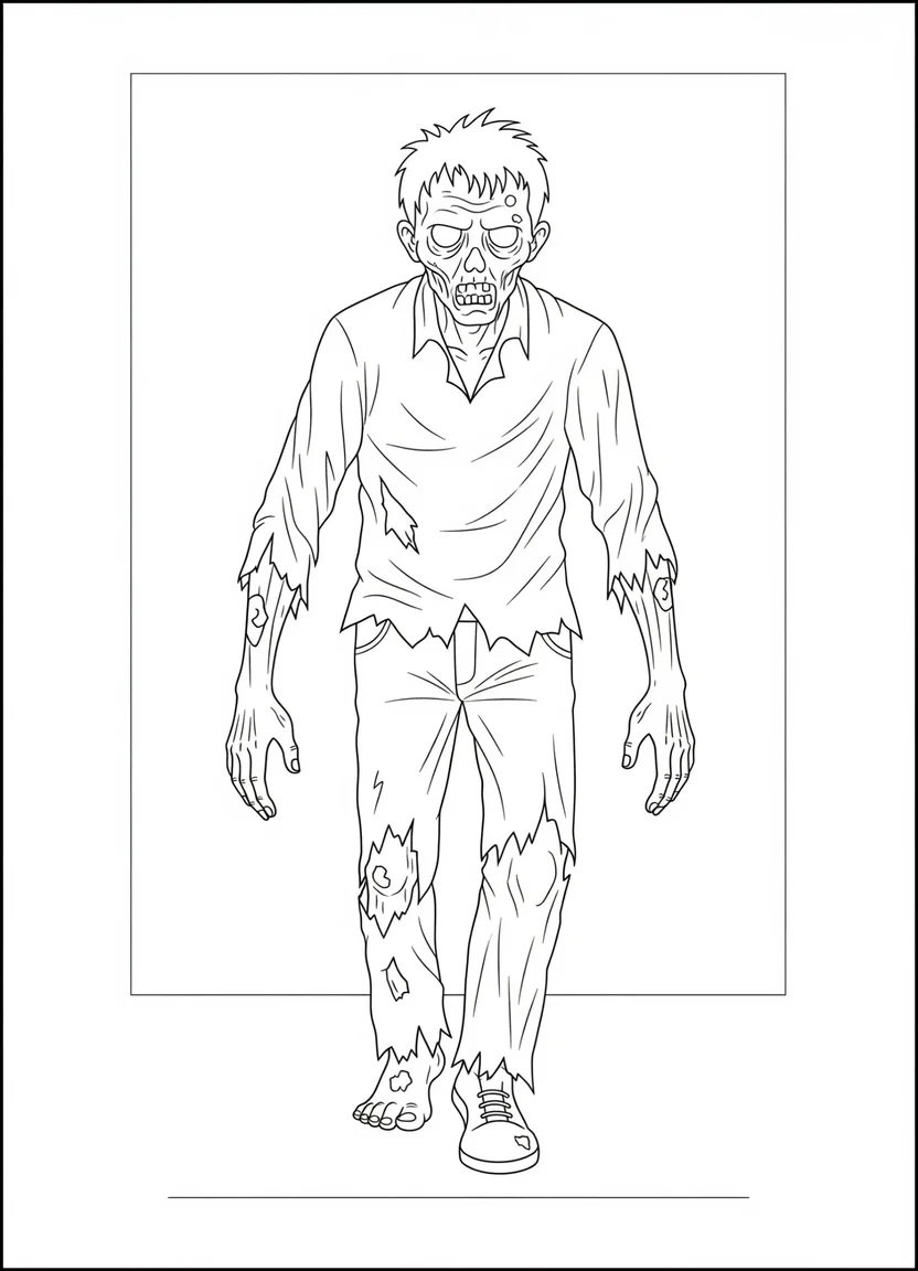 Coloring page of a classic walking zombie with torn clothes and stretched arms