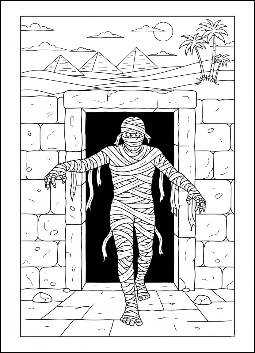 Coloring page of a classic wrapped mummy walking from a tomb