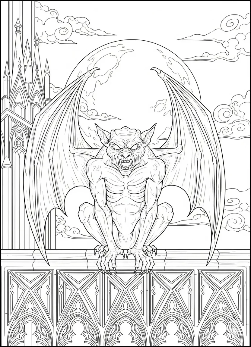 Coloring page of a demon gargoyle with wings perched on a gothic cathedral