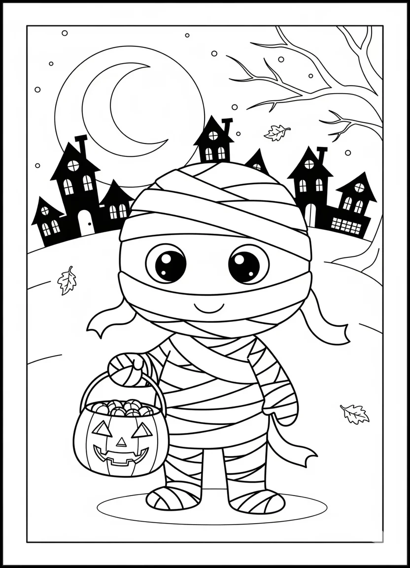 Coloring page of a funny mummy trick-or-treating with a pumpkin bucket