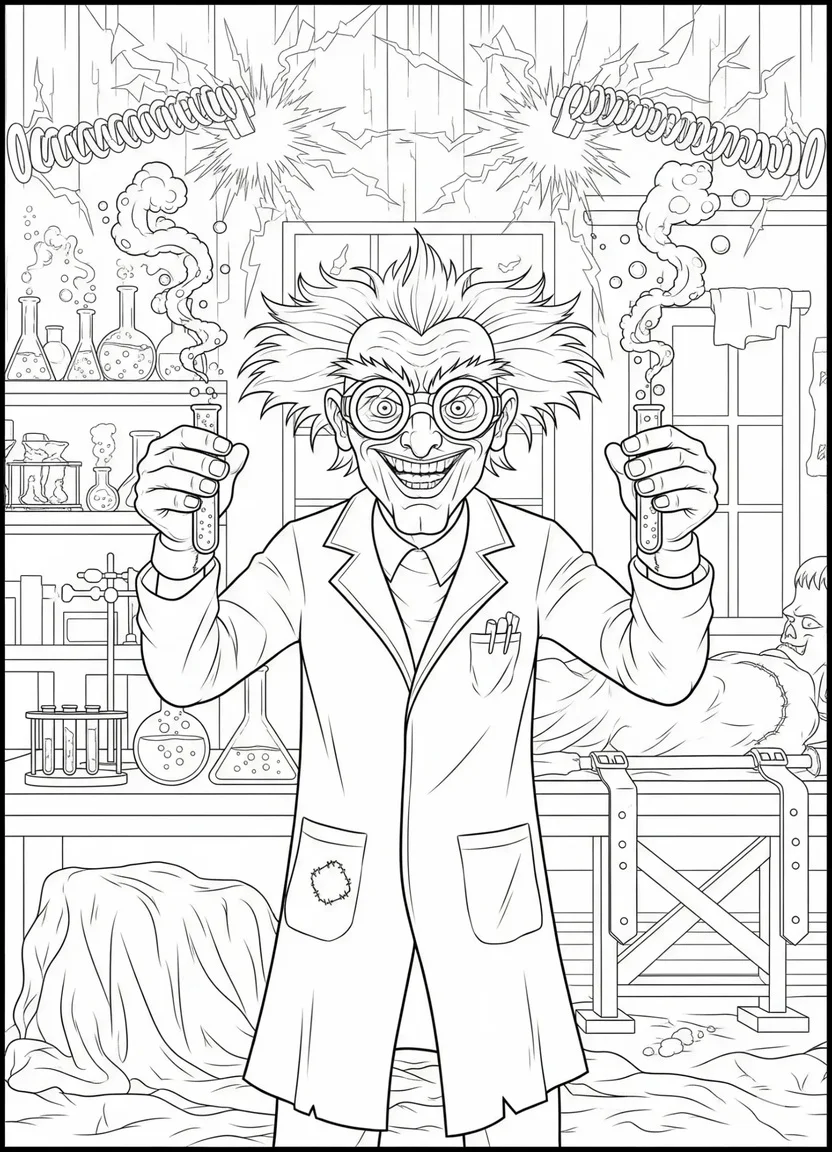 Coloring page of a mad evil scientist with bubbling potions in a spooky lab