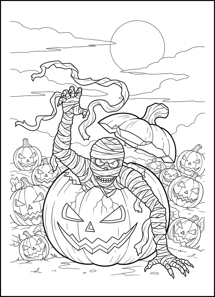 Coloring page of a mummy crawling out of a cracked pumpkin in a pumpkin patch