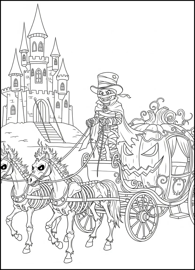 Coloring page of a mummy driving a pumpkin carriage with skeleton horses