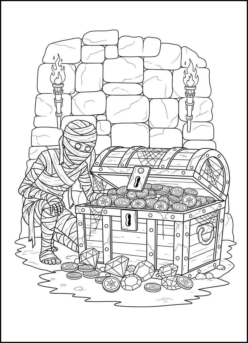 Coloring page of a mummy guarding a treasure chest in a spooky cave