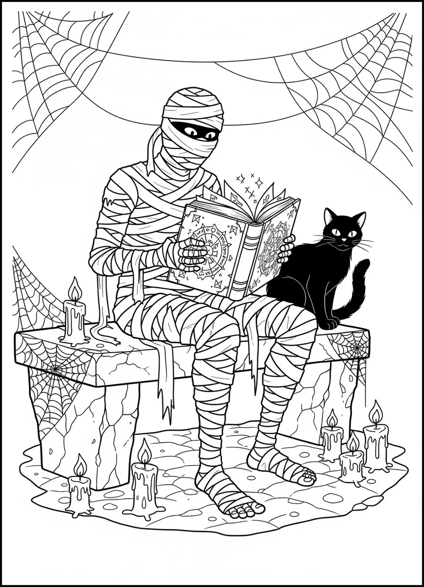 Coloring page of a mummy reading an ancient spell book with candles and a cat