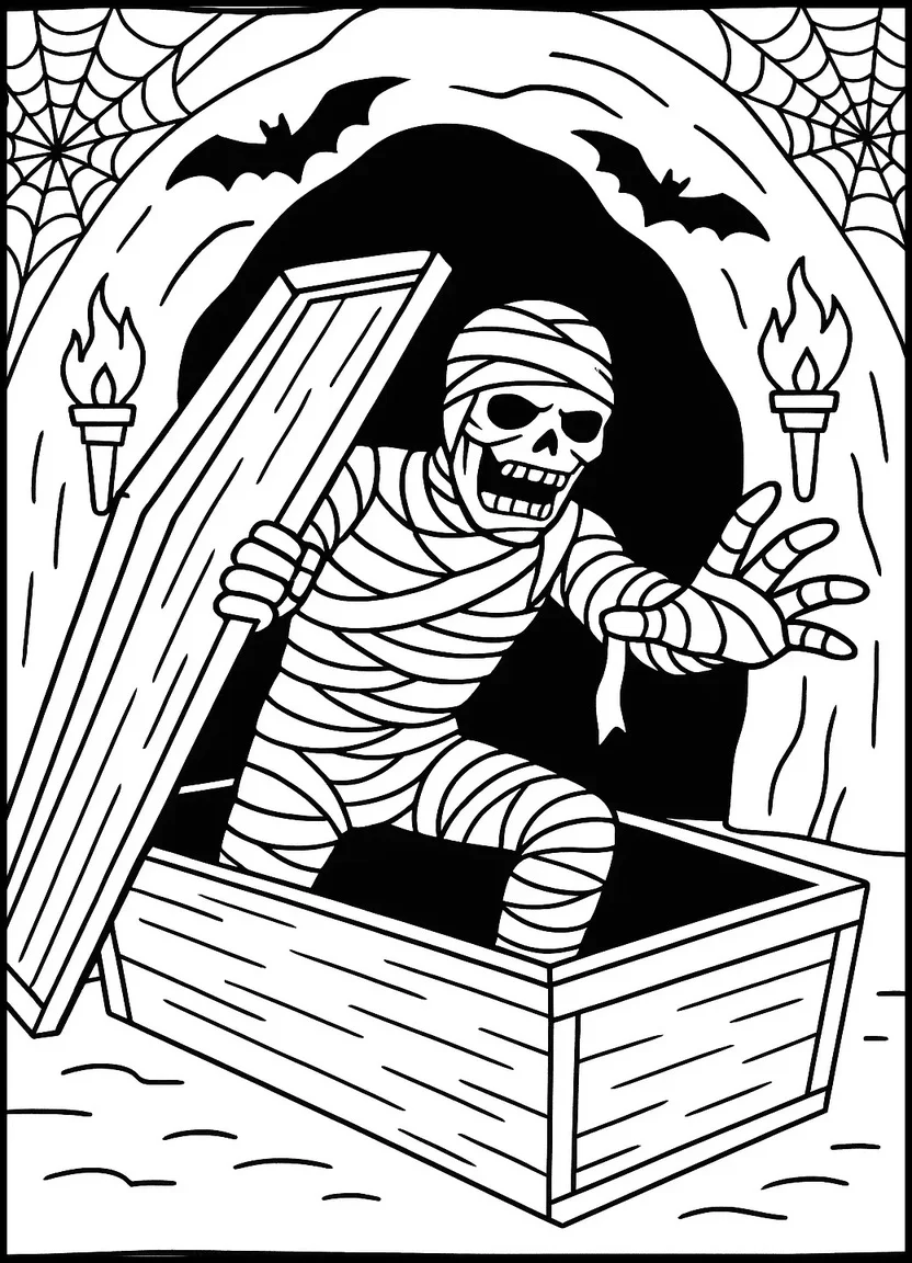 Coloring page of a mummy rising from a coffin with bats and cobwebs