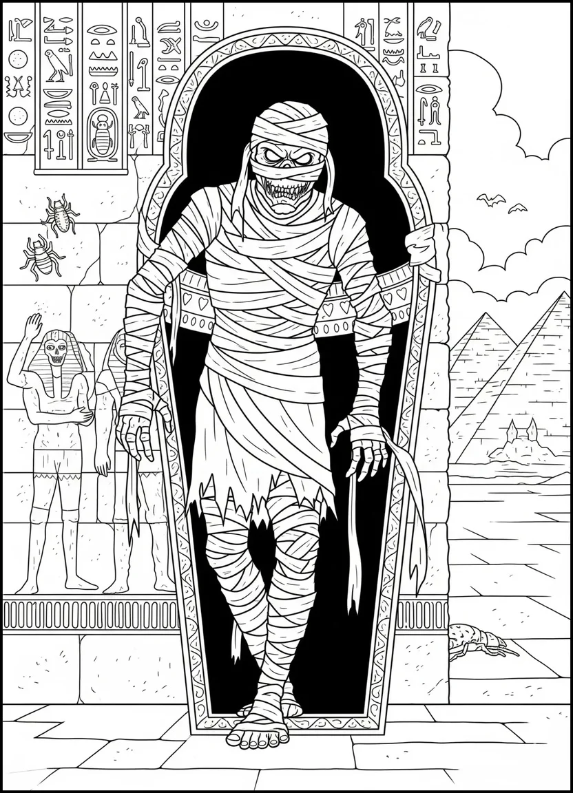 Coloring page of a mummy with Egyptian symbols and sarcophagus