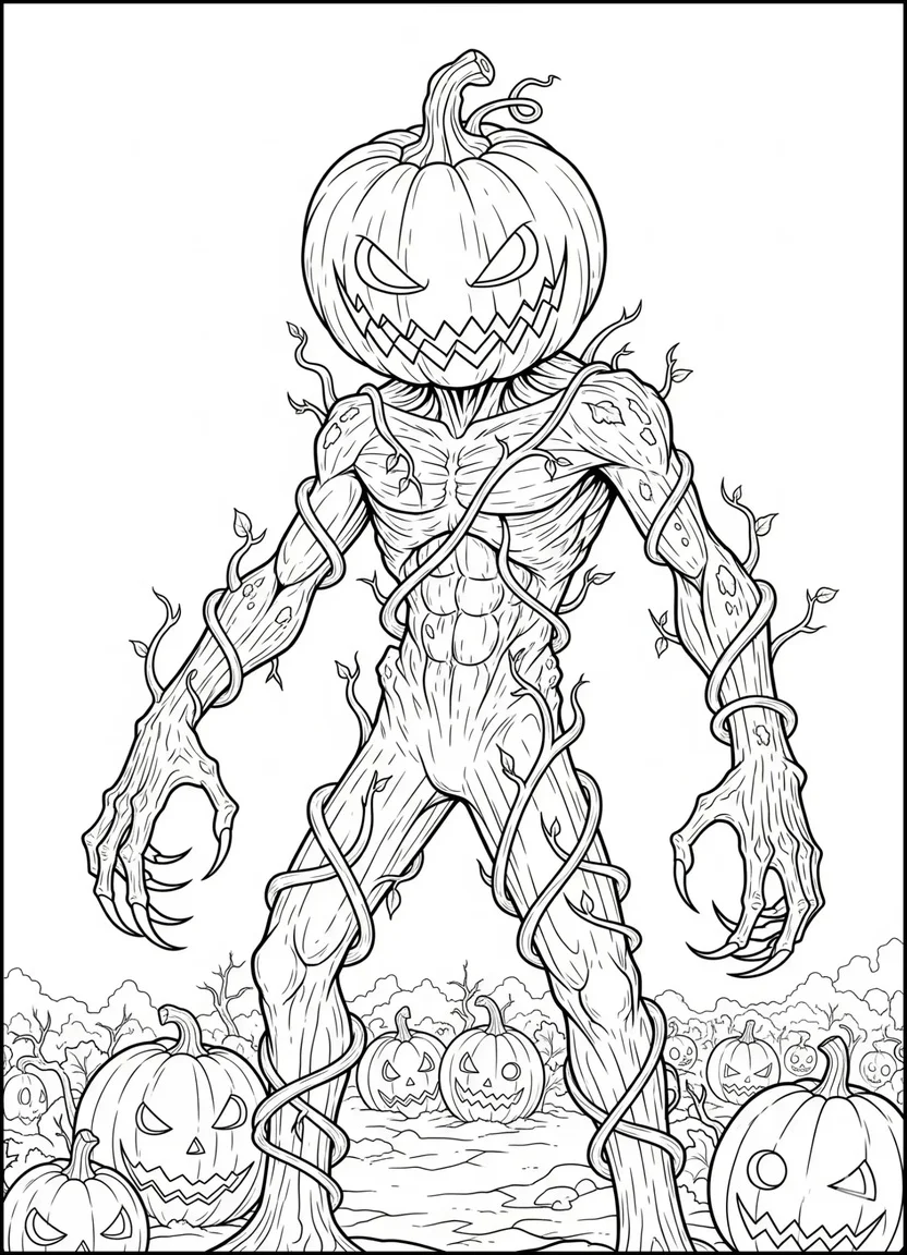 Coloring page of a pumpkin-headed monster with sharp claws standing in a haunted pumpkin patch.