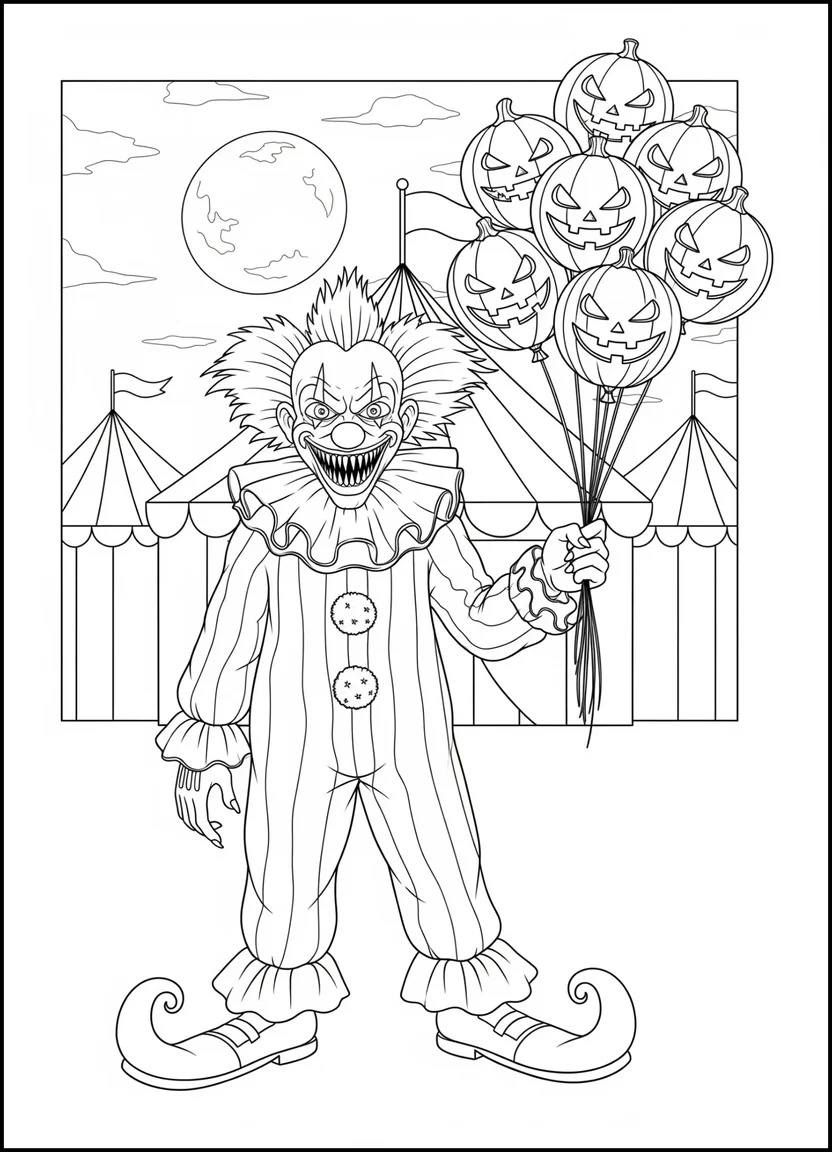 Coloring page of a scary Halloween clown holding pumpkin-shaped balloons