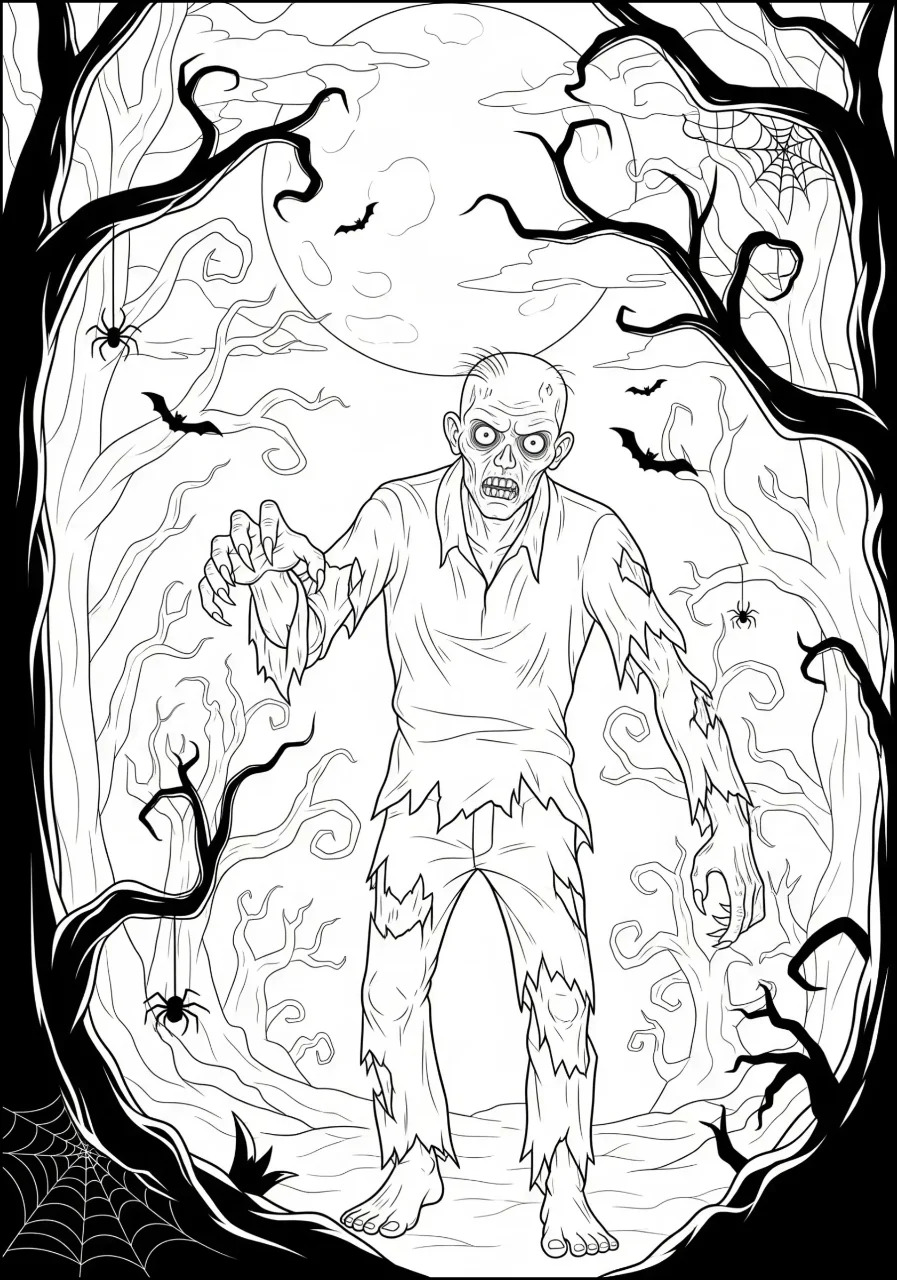 Coloring page of a scary zombie in a haunted forest with crooked trees and spider webs