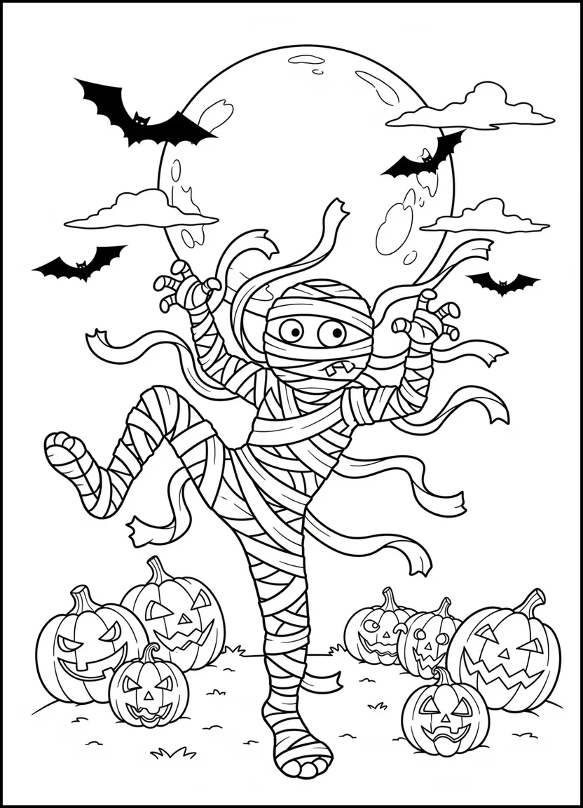 Coloring page of a silly mummy dancing with pumpkins and bats