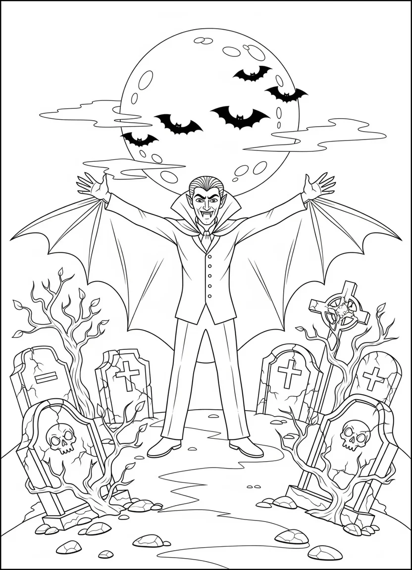 Coloring page of a vampire spreading his cape in a spooky graveyard with bats and tombstones