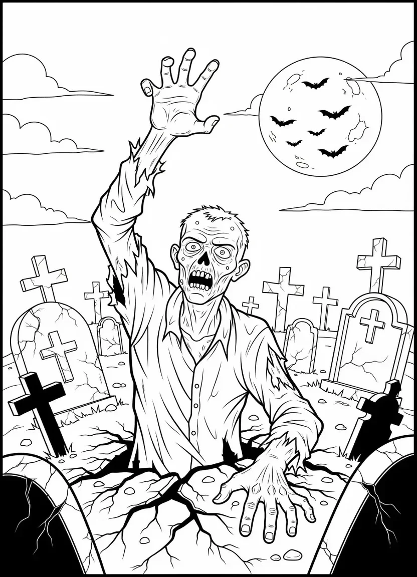 Coloring page of a zombie rising from the grave in a spooky graveyard scene