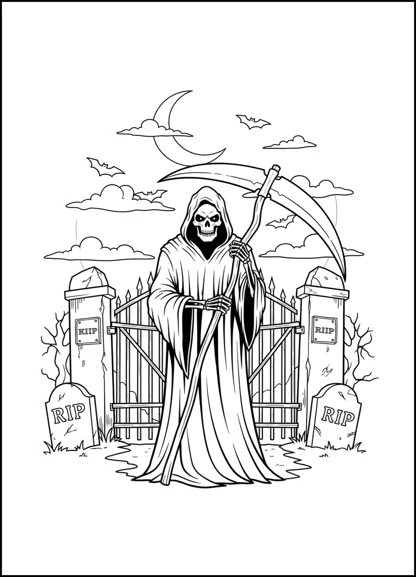 Coloring page of the Grim Reaper with a scythe in front of a graveyard gate