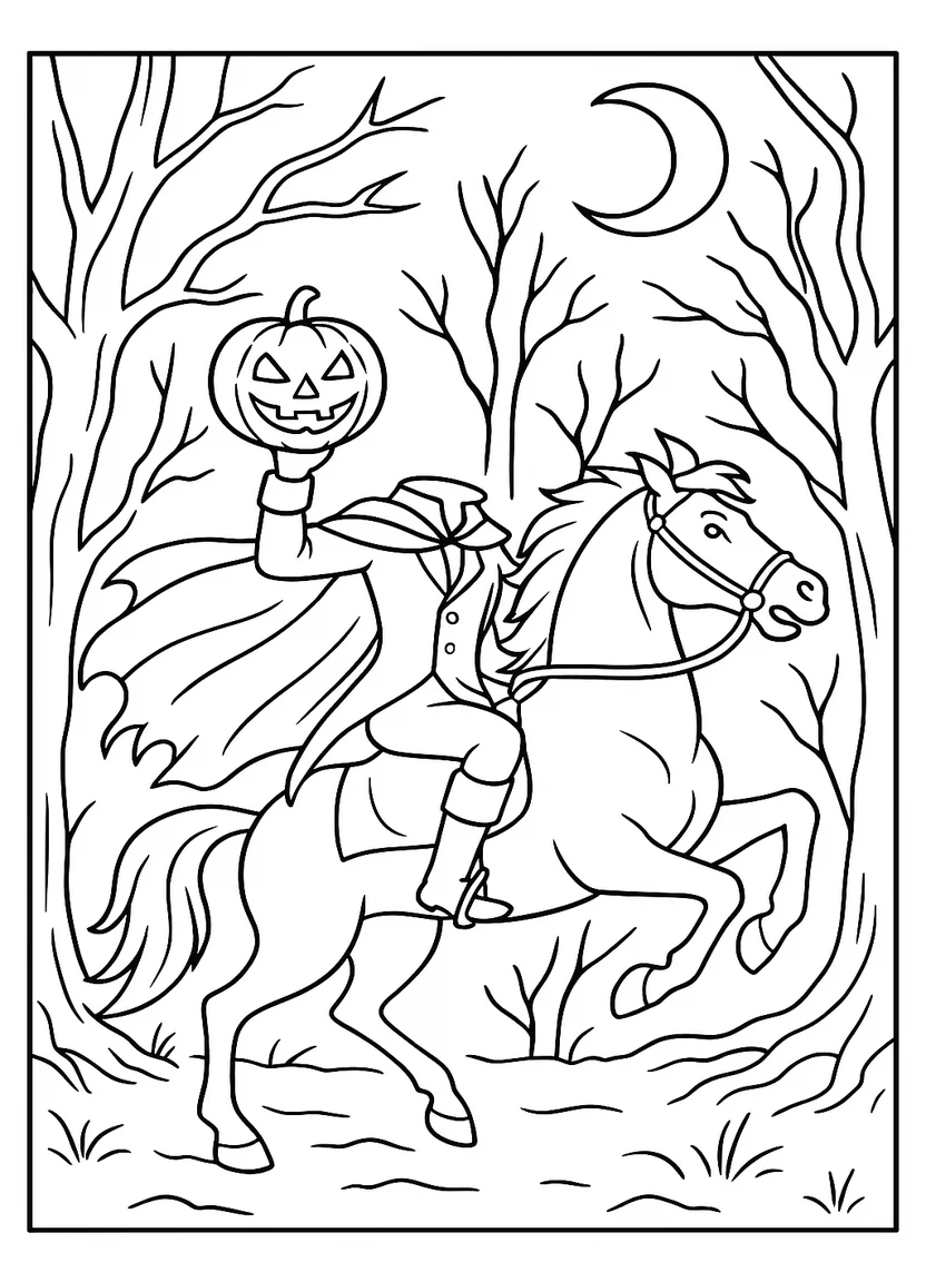 Coloring page of the Headless Horseman carrying a pumpkin head while riding a horse