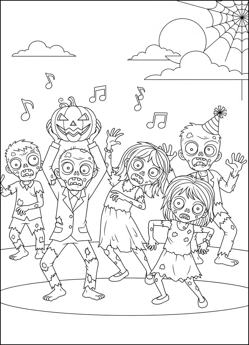 Coloring page of zombies dancing at a Halloween party with jack-o’-lanterns and music notes