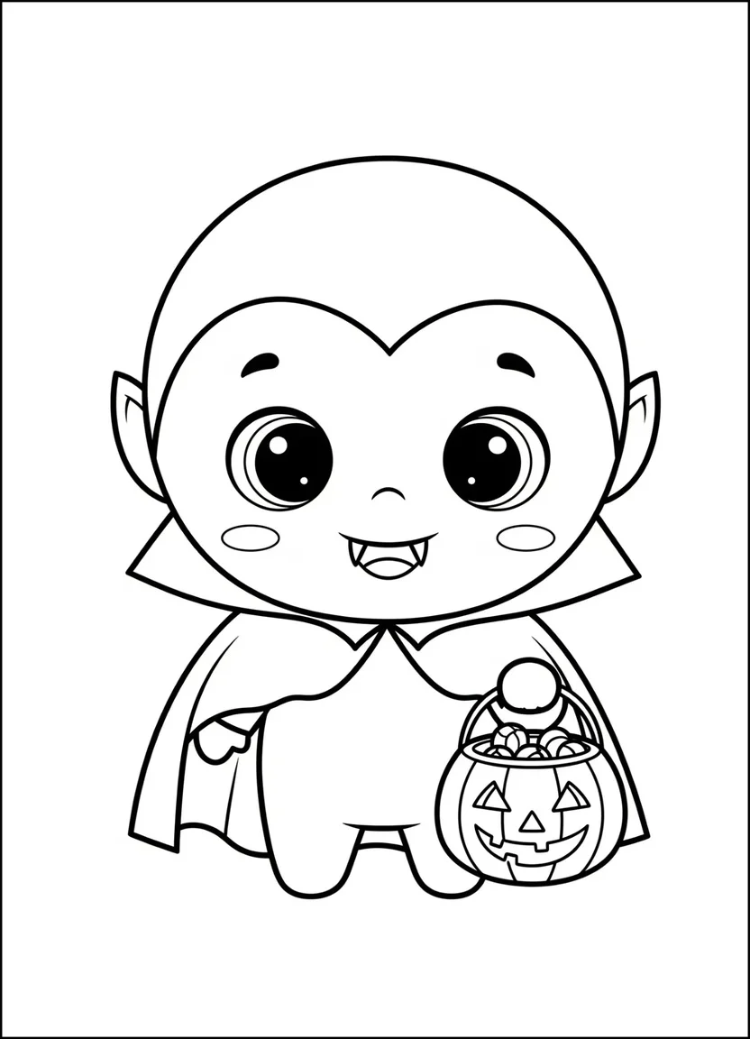 Cute cartoon vampire coloring page holding pumpkin candy bucket