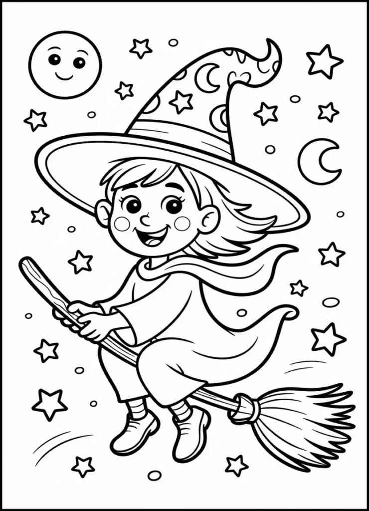 Cute cartoon witch flying on a broom coloring page.