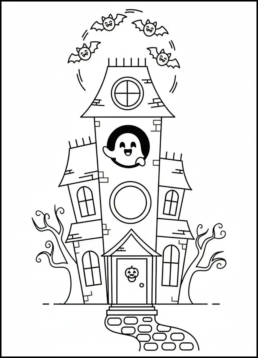 Cute haunted house coloring page with ghost and bats