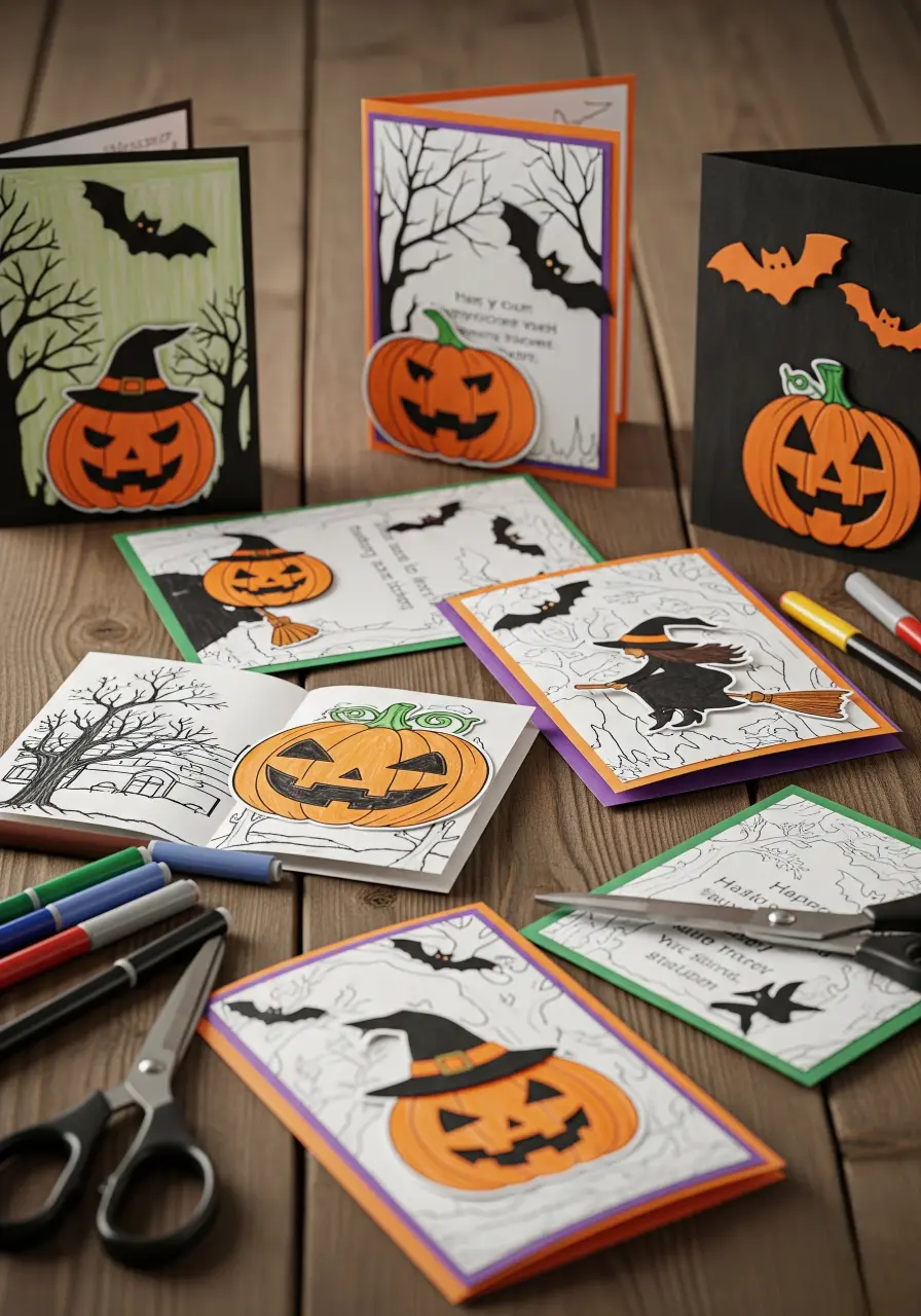 DIY Halloween cards and invitations made from coloring pages on a wooden table