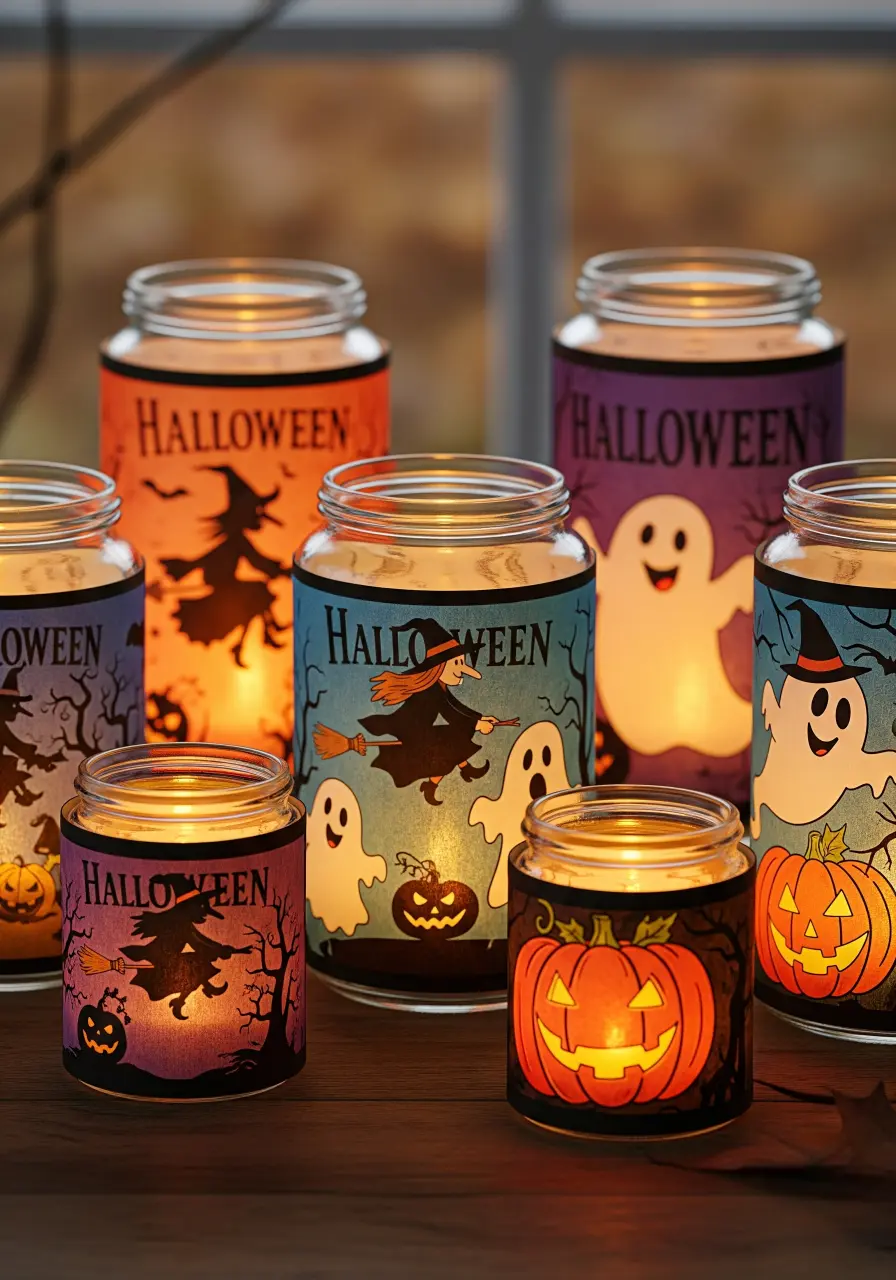 DIY Halloween lanterns made from coloring pages glowing with LED candles