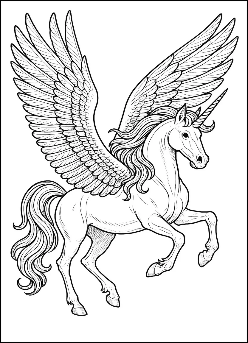Detailed Pegasus unicorn coloring page