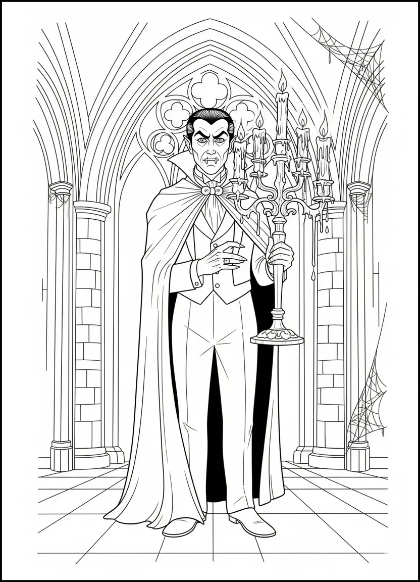 Dracula holding a candlelit candelabra in a gothic hallway coloring page