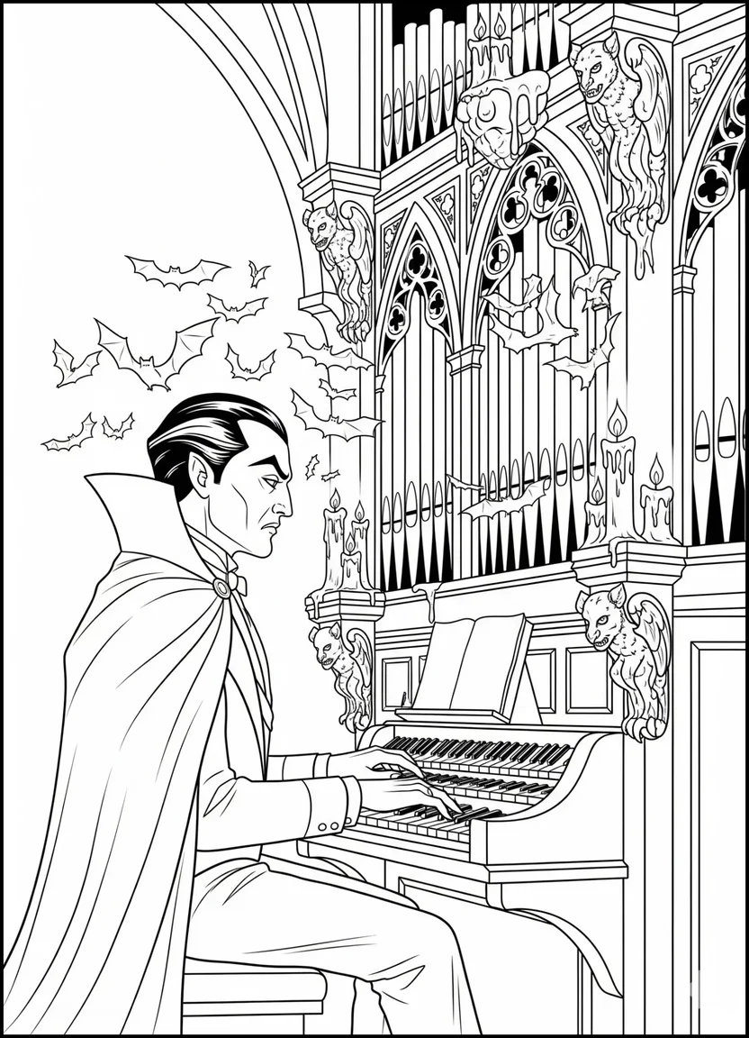 Dracula playing a gothic pipe organ with bats flying around coloring page