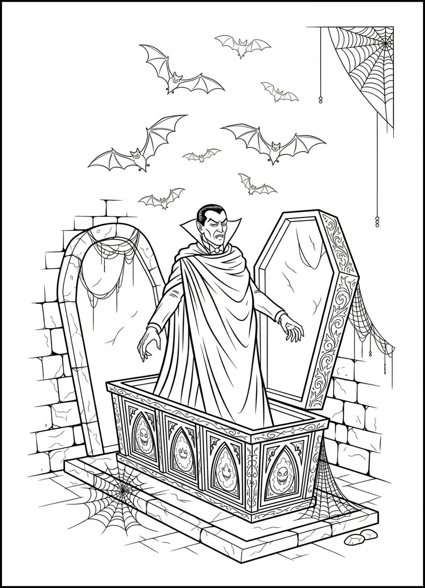 Dracula rising from his coffin in a spooky crypt coloring page