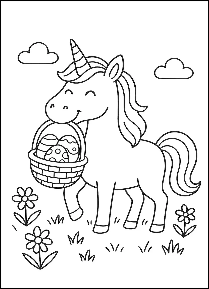 Easter unicorn with basket coloring page