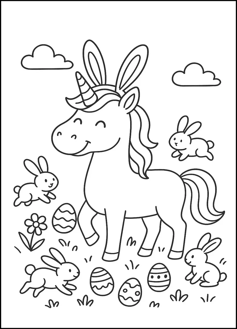 Easter unicorn with bunny ears coloring page