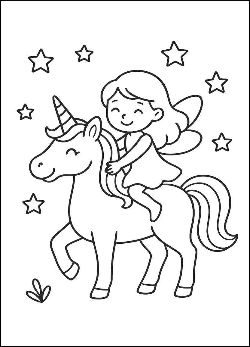 Fairy riding unicorn coloring sheet