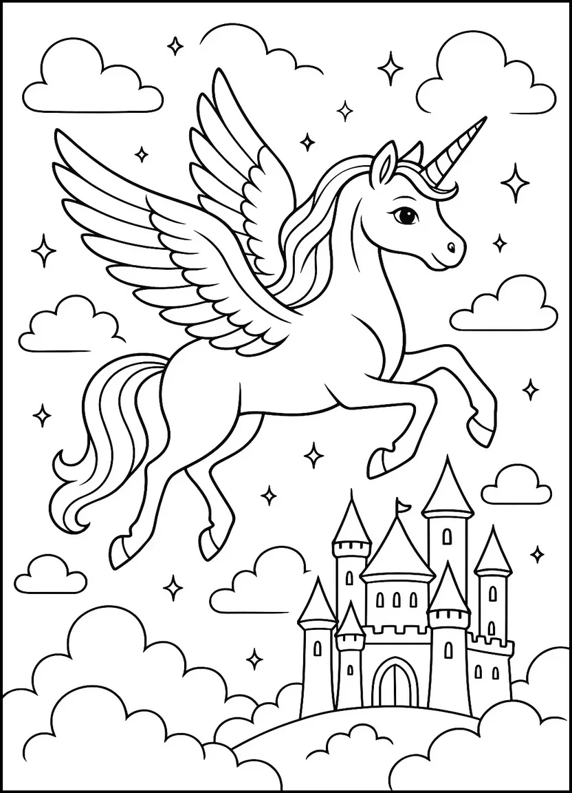 Flying unicorn above castle coloring page