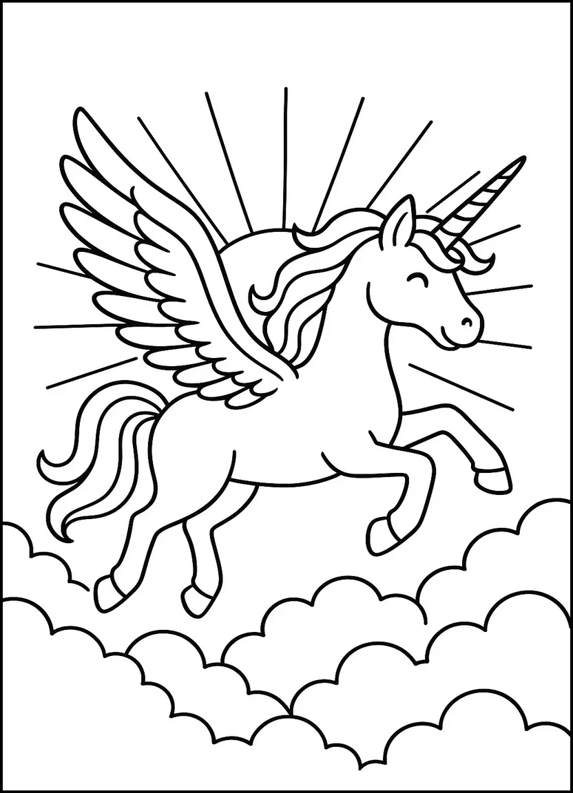 Flying unicorn over clouds coloring page