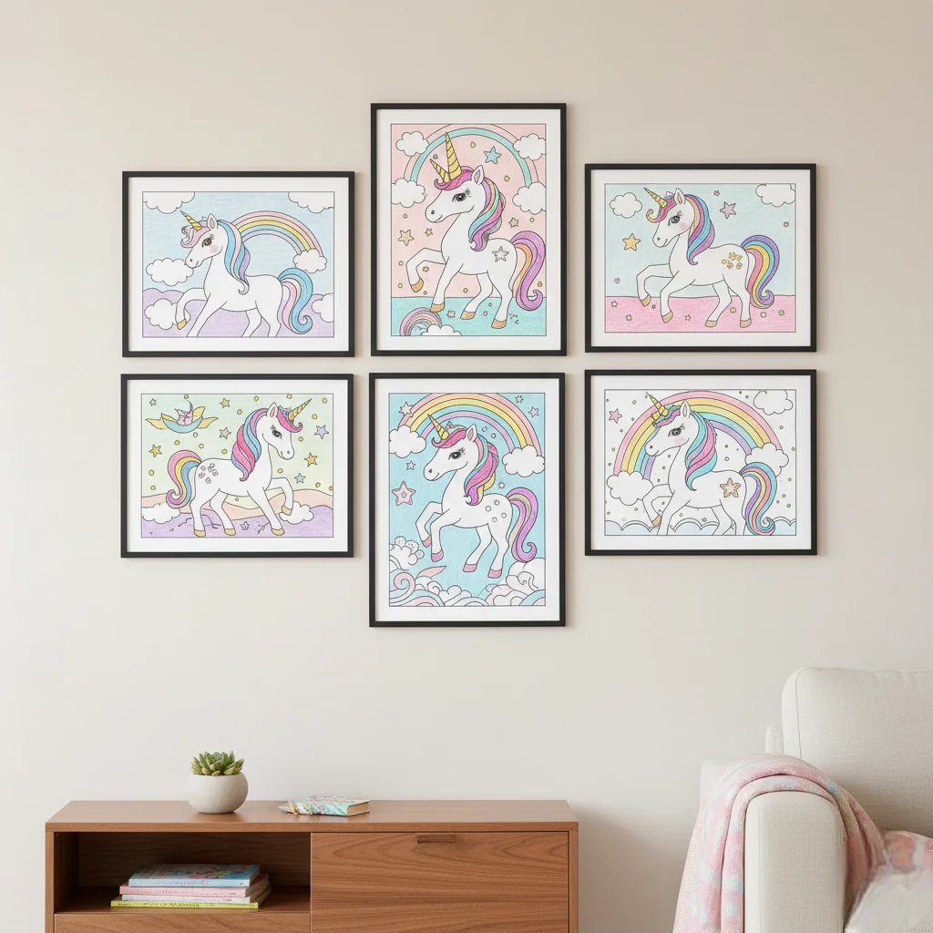 Framed unicorn coloring pages displayed as wall art